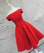 Red Satin Short Party Dress, Red Off Shoulder Homecoming Dress