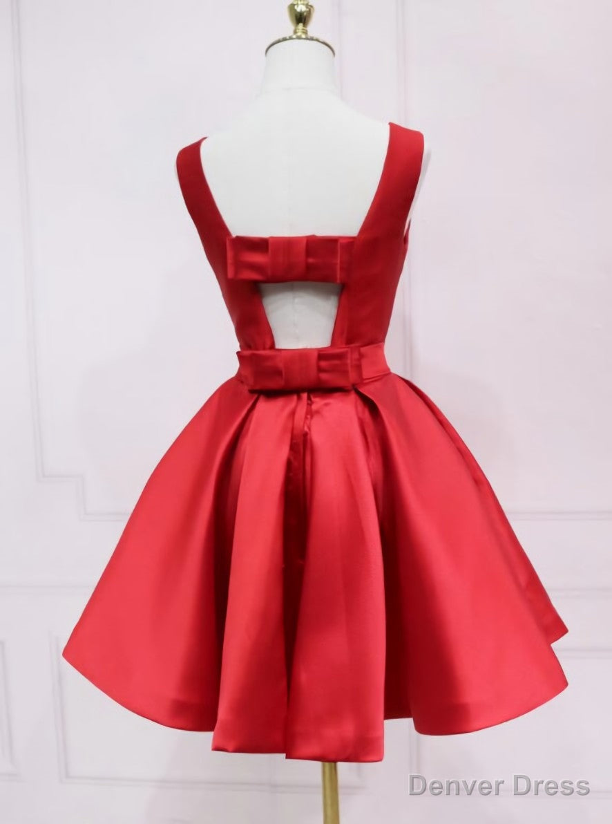 Red Satin Short Simple Backless Prom Dress, Red Homecoming Dresses