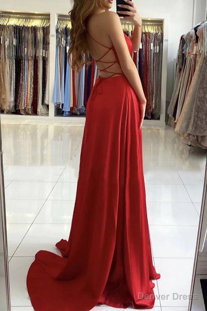 Red Satin Simple Long V-neckline Prom Dress Red A-line Floor Length Party Dress prom dresses shops Secondary image