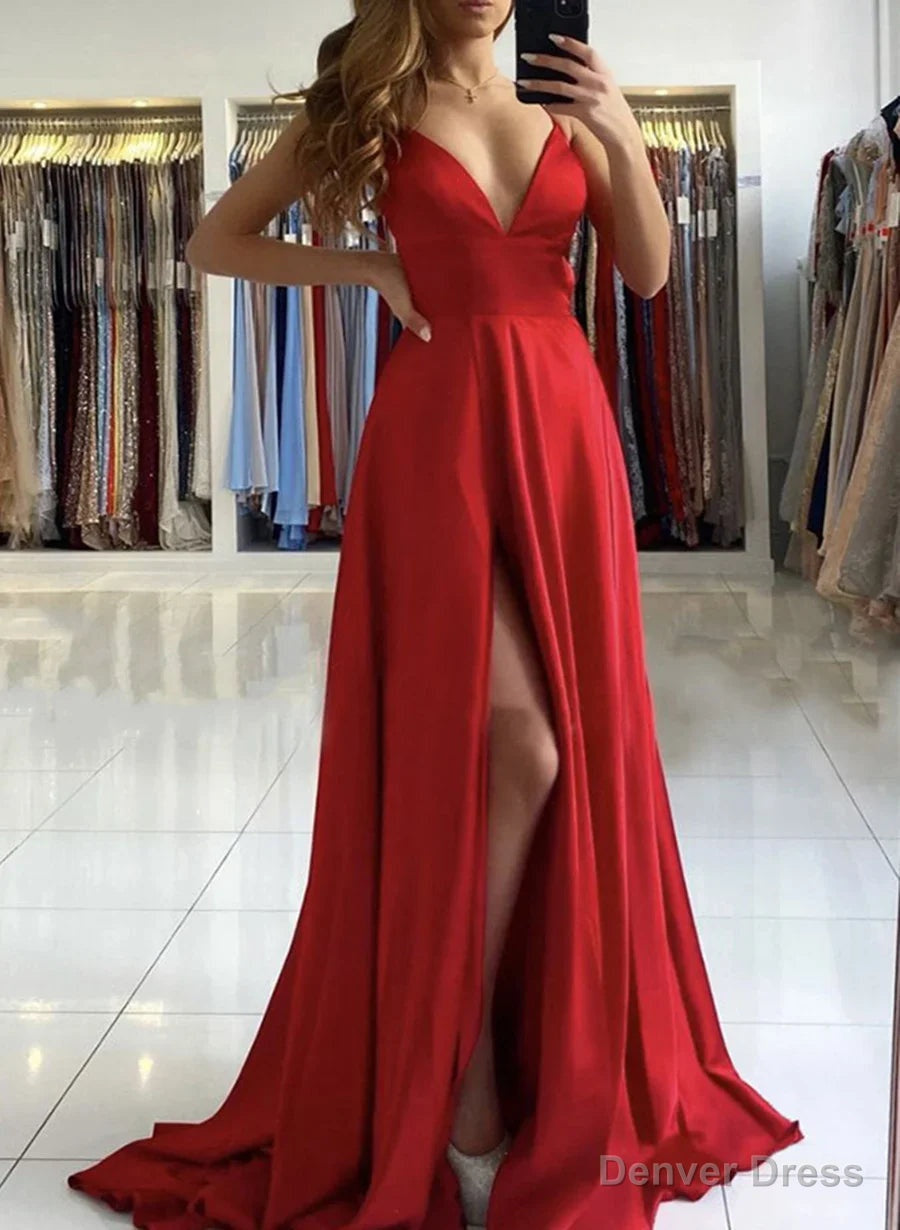 Red Satin Simple Long V-neckline Prom Dress Red A-line Floor Length Party Dress prom dresses shops Main image