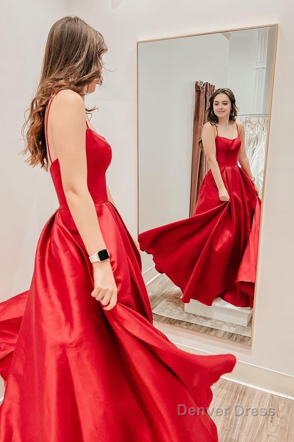 Red Satin Spaghetti Straps A Line Prom Dresses Secondary image