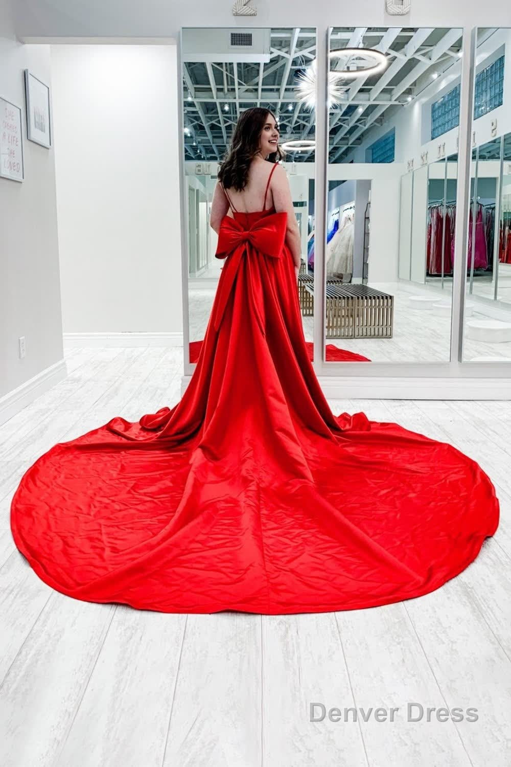 Red Satin Spaghetti Straps Prom Dresses with Bow