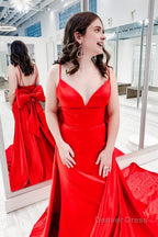 Red Satin Spaghetti Straps Prom Dresses with Bow