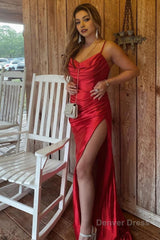 red satin spaghetti straps prom dress with ruffles