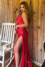 Red Satin Spaghetti Straps Prom Dresses with Ruffles