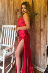 red satin spaghetti straps prom dress with ruffles