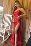 Red Satin Spaghetti Straps Prom Dresses with Ruffles