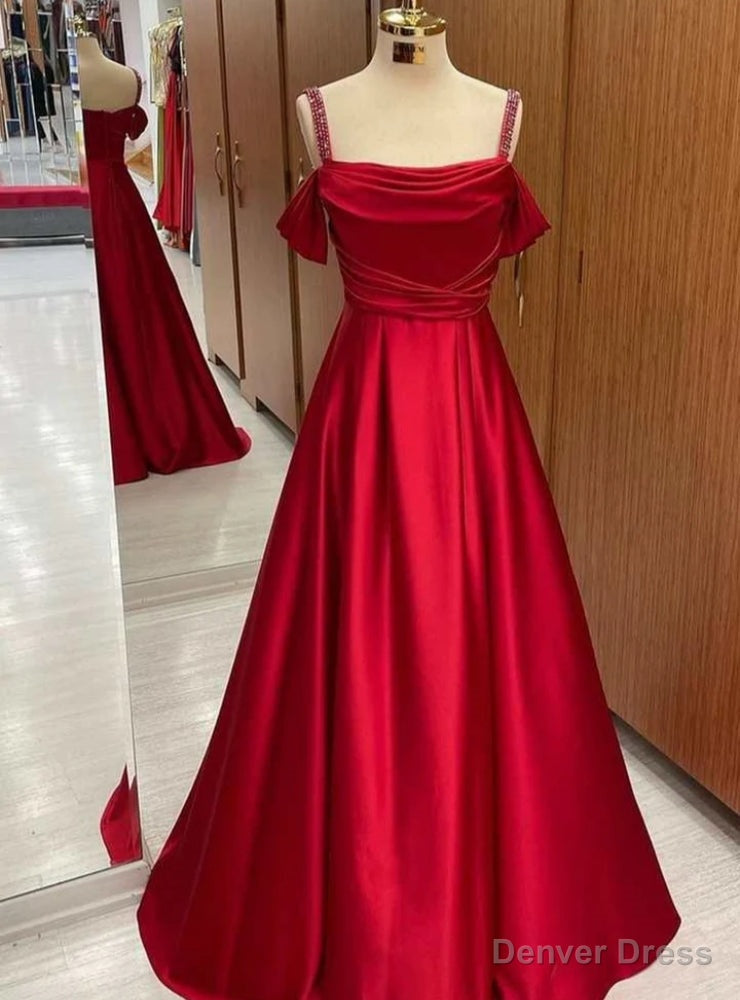 Red Satin Straps Beading Prom Dresses Main image