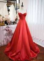 Red Satin Sweetheart Long Prom Dress, Red Satin Straps Prom Dresses