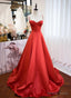 Red Satin Sweetheart Long Prom Dress, Red Satin Straps Prom Dresses