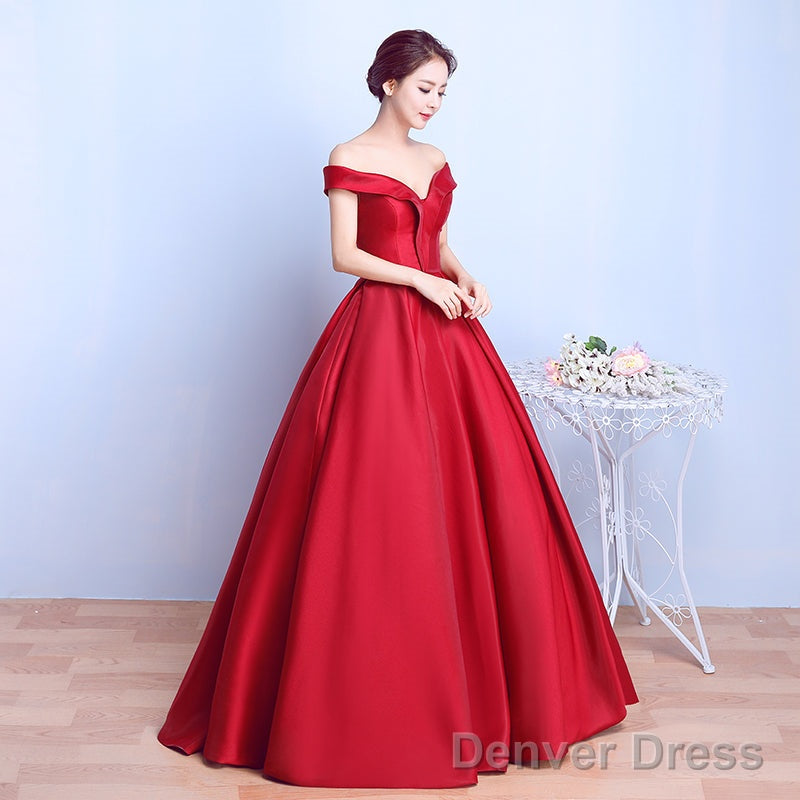 Red Satin Sweetheart Off Shoulder Long Formal Dress Evening Gown, Red Long Ball Gown Party Dress
