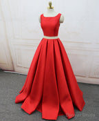 Red Satin Two Pieces Long Prom Dress Red Long Prom Dresses