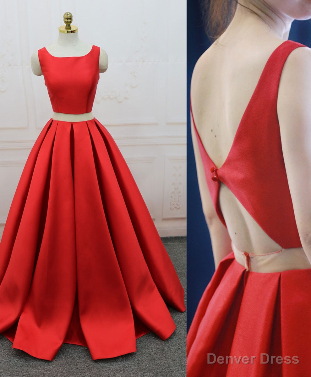 Red Satin Two Pieces Long Prom Dress Red Long Prom Dresses Main image