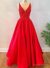 Red Satin V-neck Appliques Prom Dress