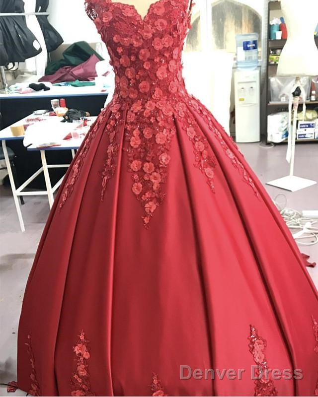 Red Satin V Neck Wedding Dresses Ball Gown With 3D Lace Flowers Main image