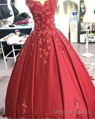 Red Satin V-Neck Wedding Dress Ball Gowns With 3D Lace Flowers