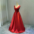 Red Satin V Neckline Floor Length Prom Dress, Backless Red Prom Dresses