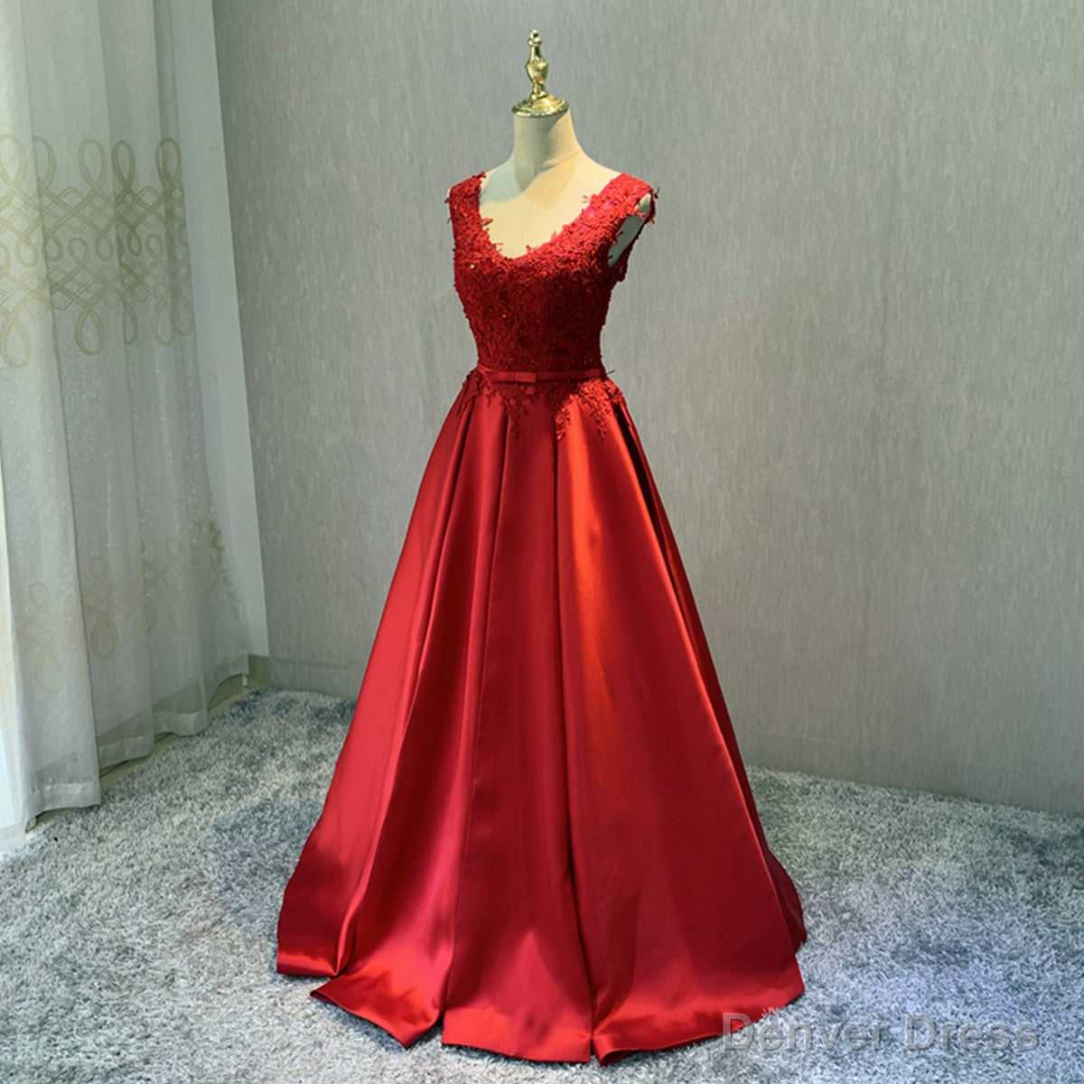 Red Satin V Neckline Floor Length Prom Dress, Backless Red Prom Dresses