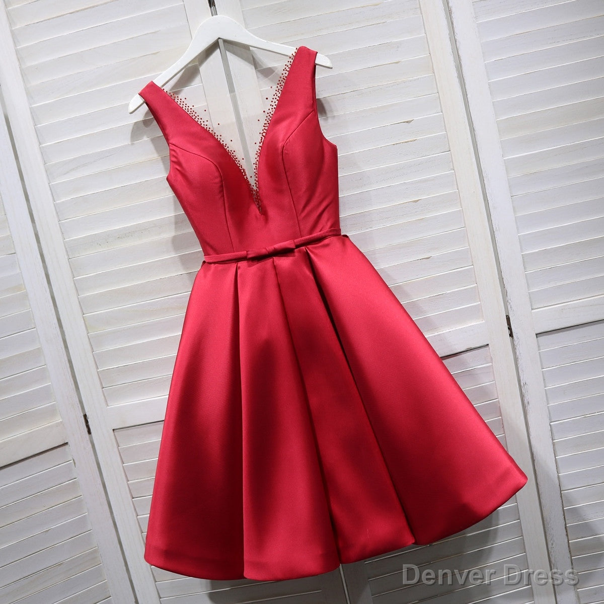 Red Satin V-neckline Knee Length Homecoming Dress, Red Short Prom Dress Secondary image
