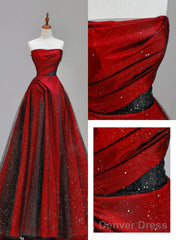 Red Satin With Black Tulle Long Party Dress, Red Satin Prom Dress Evening Dress