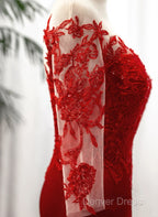 Red Satin With Lace Round Neckline Prom Dress, Red Satin Prom Dresses