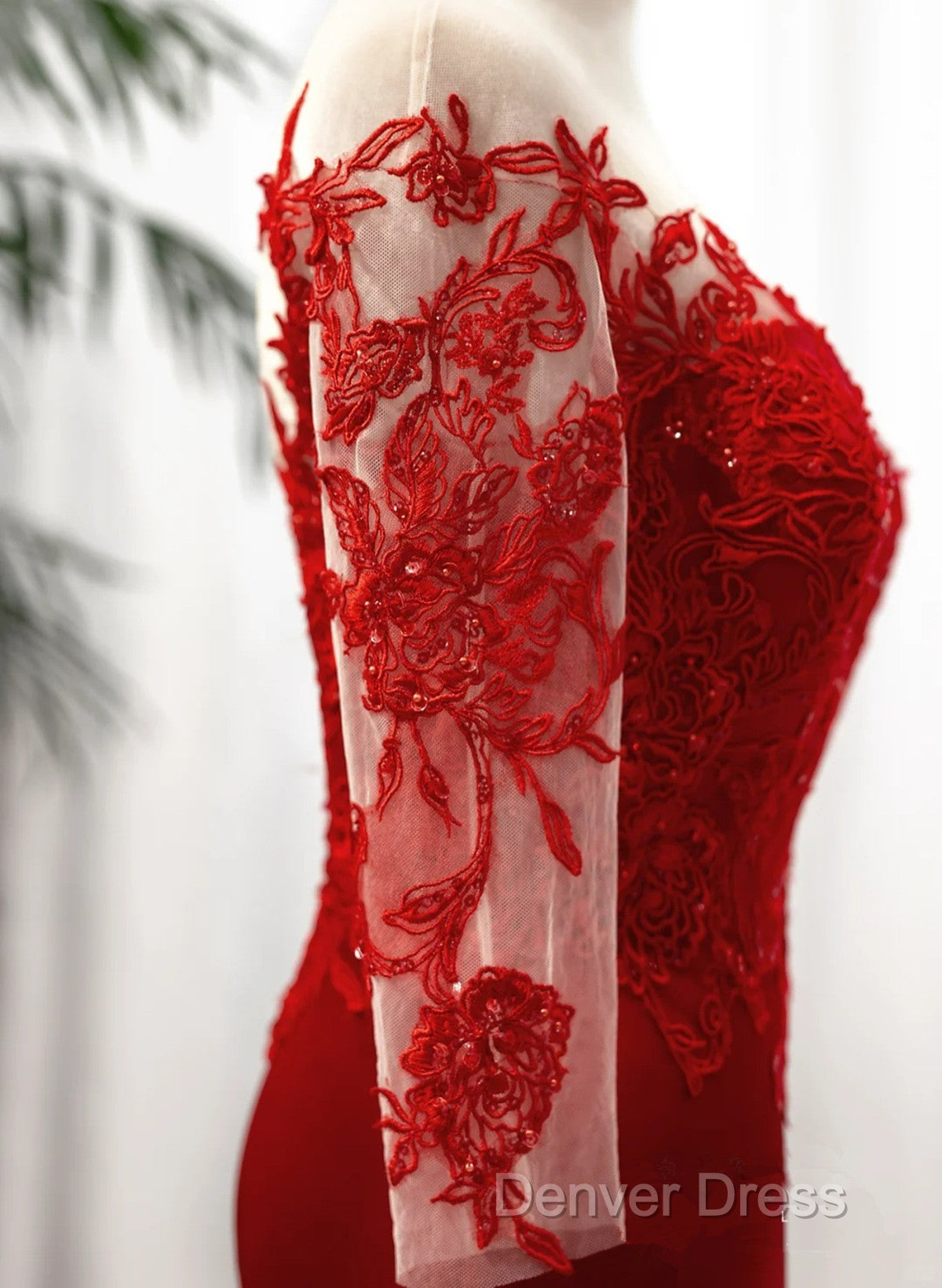 Red Satin With Lace Round Neckline Prom Dress, Red Satin Prom Dresses