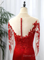 Red Satin With Lace Round Neckline Prom Dress, Red Satin Prom Dresses
