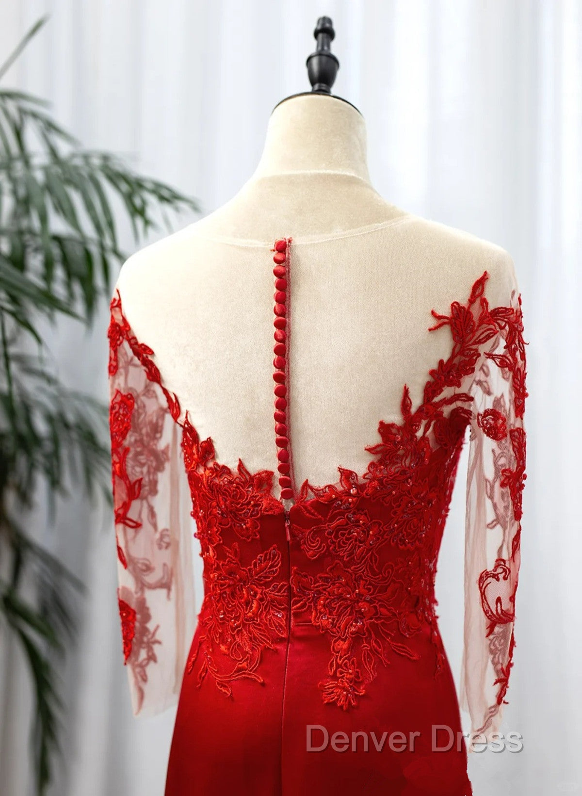 Red Satin With Lace Round Neckline Prom Dress, Red Satin Prom Dresses