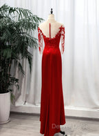 Red Satin With Lace Round Neckline Prom Dress, Red Satin Prom Dresses