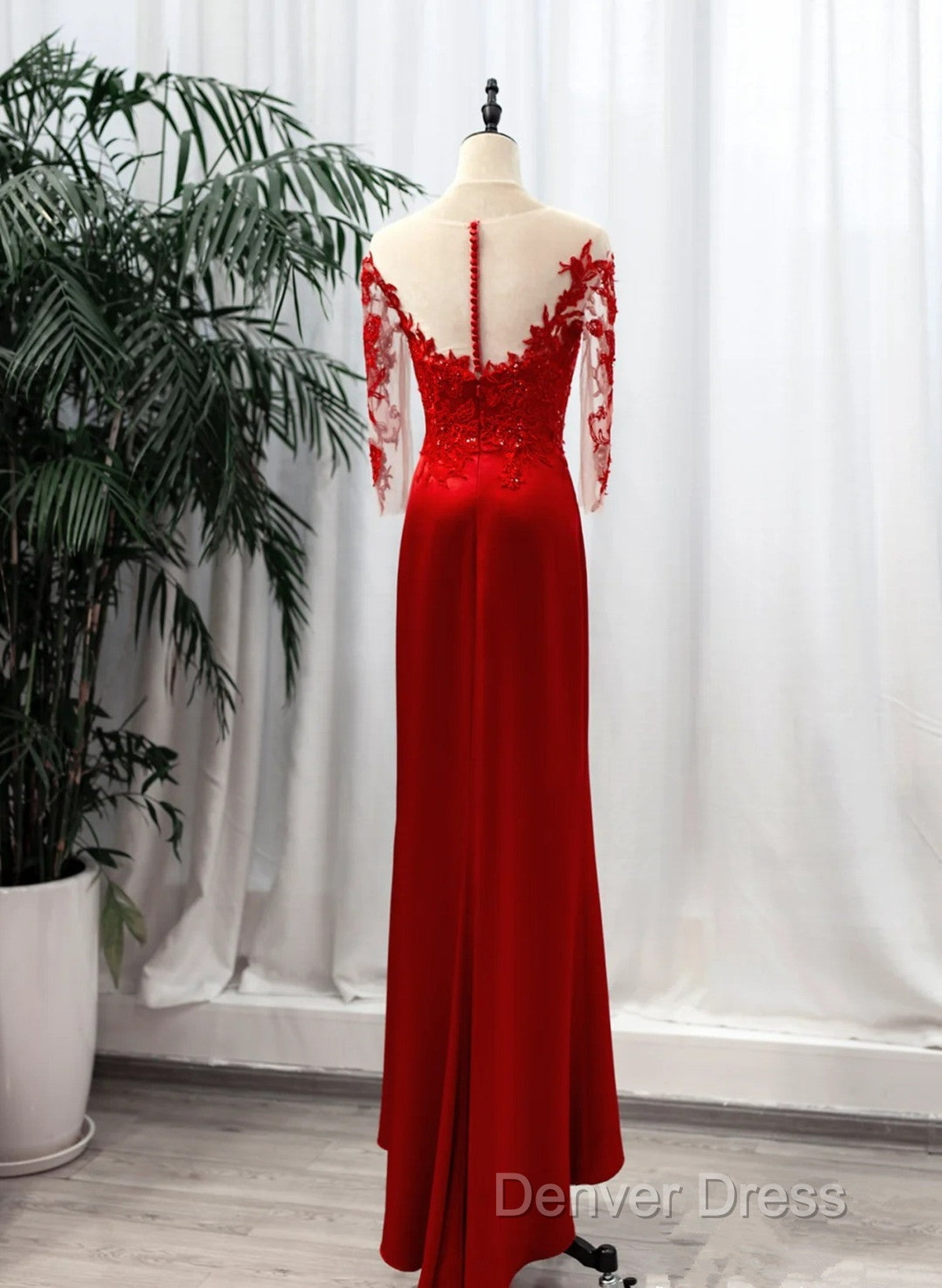 Red Satin With Lace Round Neckline Prom Dress, Red Satin Prom Dresses