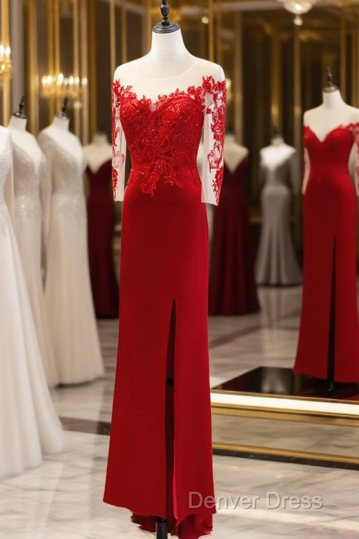 Red Satin With Lace Round Neckline Prom Dress, Red Satin Prom Dresses Main image