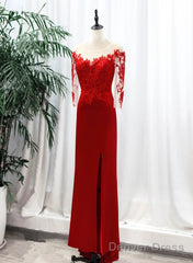 Red Satin With Lace Round Neckline Party Dress, Red Satin Evening Dress