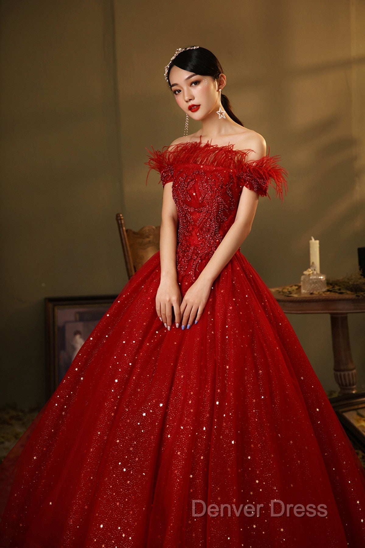 Red Scoop Ball Gowns Shiny Tulle Off Shoulder Prom Dress, Red Sweet 16 Dress Prom Dresses