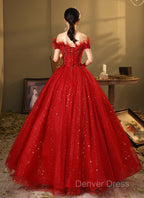 Red Scoop Ball Gowns Shiny Tulle Off Shoulder Prom Dress, Red Sweet 16 Dress Prom Dresses