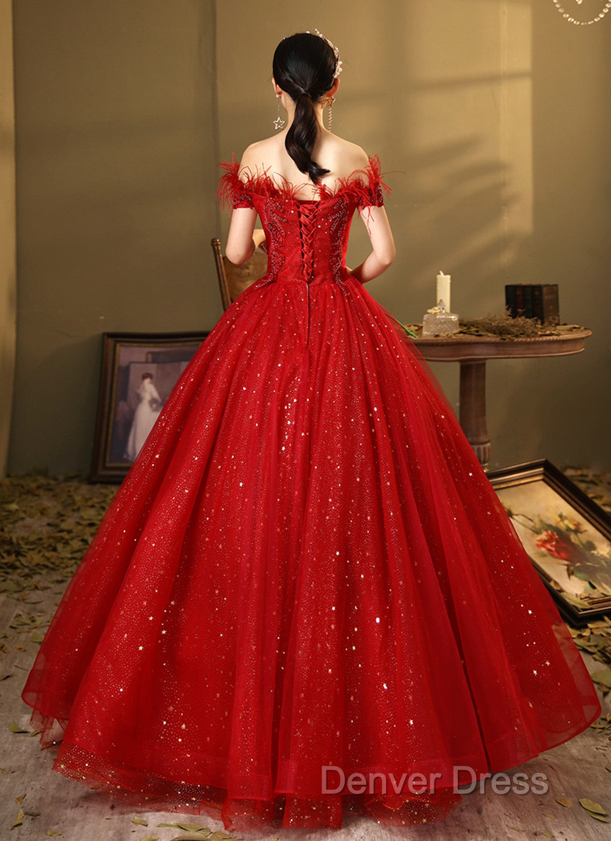 Red Scoop Ball Gowns Shiny Tulle Off Shoulder Prom Dress, Red Sweet 16 Dress Prom Dresses
