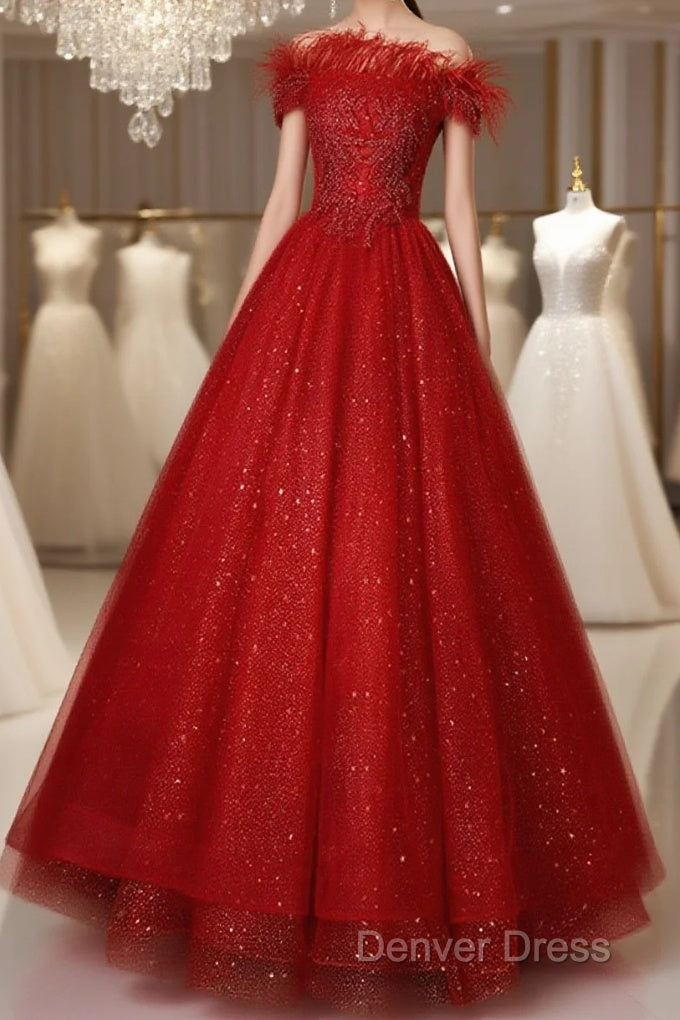 Red Scoop Ball Gowns Shiny Tulle Off Shoulder Prom Dress, Red Sweet 16 Dress Prom Dresses Main image