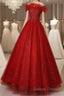 Red Scoop Ball Gowns Shiny Tulle Off Shoulder Prom Dress, Red Sweet 16 Dress Prom Dresses