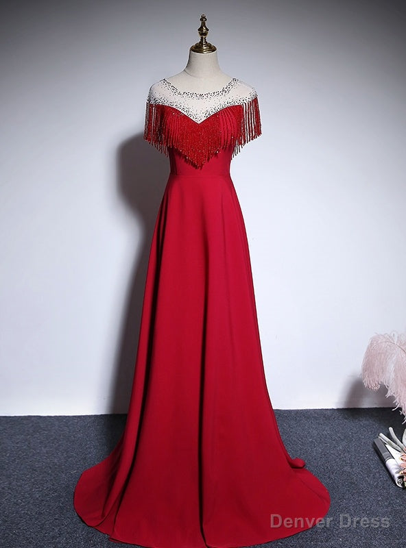 Red Scoop Neck Beading Prom Dress Main image