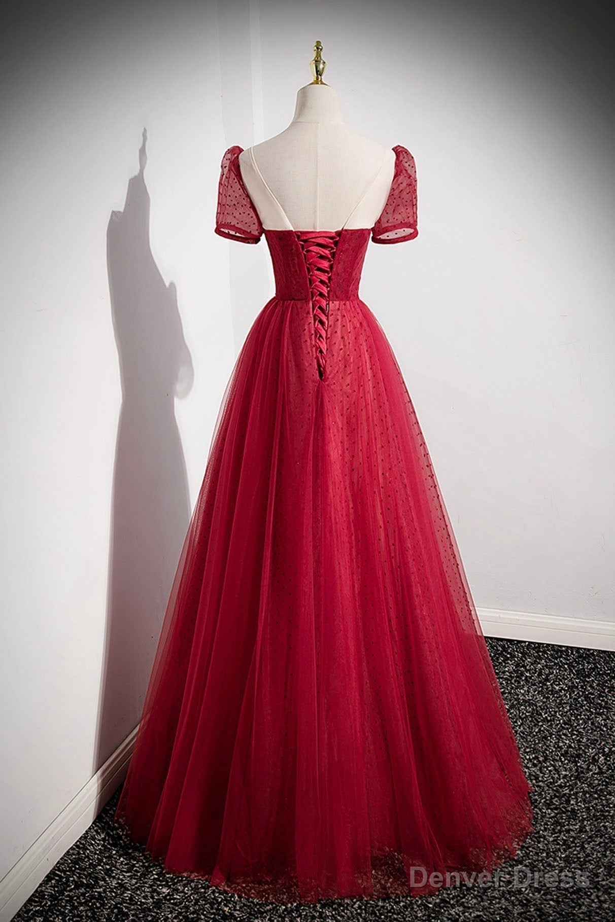 Red Scoop Neckline Tulle Prom Dress with Beaded, A Line Short Sleeve Prom Dresses
