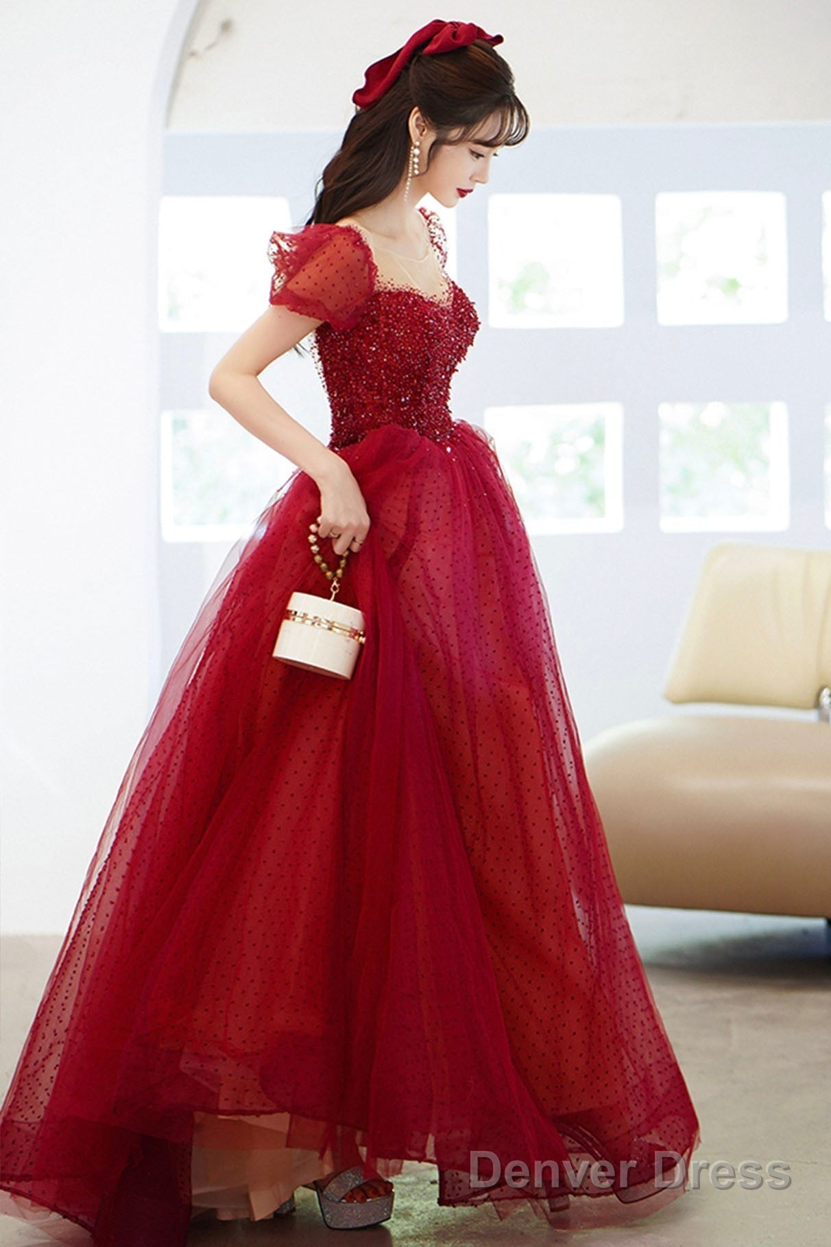 Red Scoop Neckline Tulle Long Prom Dress With Sequins, A-Line Formal Evening Dress Secondary image