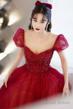 Red Scoop Neckline Tulle Long Prom Dress With Sequins, A-Line Formal Evening Dress