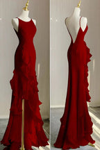 Red Scoop Sleeveless Ruffles Tiered Prom Dress with Slit