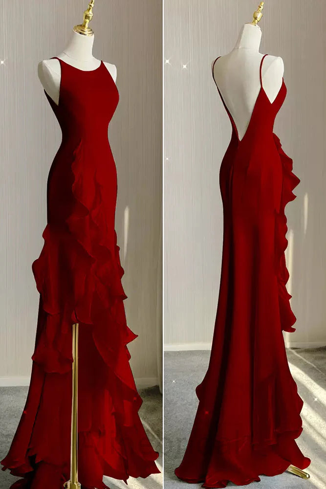 Red Scoop Sleeveless Ruffles Tiered Prom Dress with Slit
