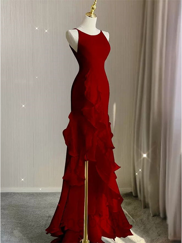Red Scoop Sleeveless Ruffles Tiered Prom Dress with Slit Secondary image