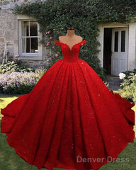 Red Sequin Lace Off Shoulder Ball Gown