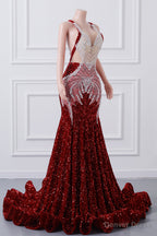 Red Sequin Mermaid Prom Dresses Luxury Silver Crystal Beaded Sheer Neck Long Formal Party Evening Gowns for Black Girls