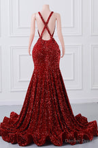 Red Sequin Mermaid Prom Dresses Luxury Silver Crystal Beaded Sheer Neck Long Prom Gown for Black Girls