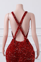 Red Sequin Mermaid Prom Dresses Luxury Silver Crystal Beaded Sheer Neck Long Prom Gown for Black Girls