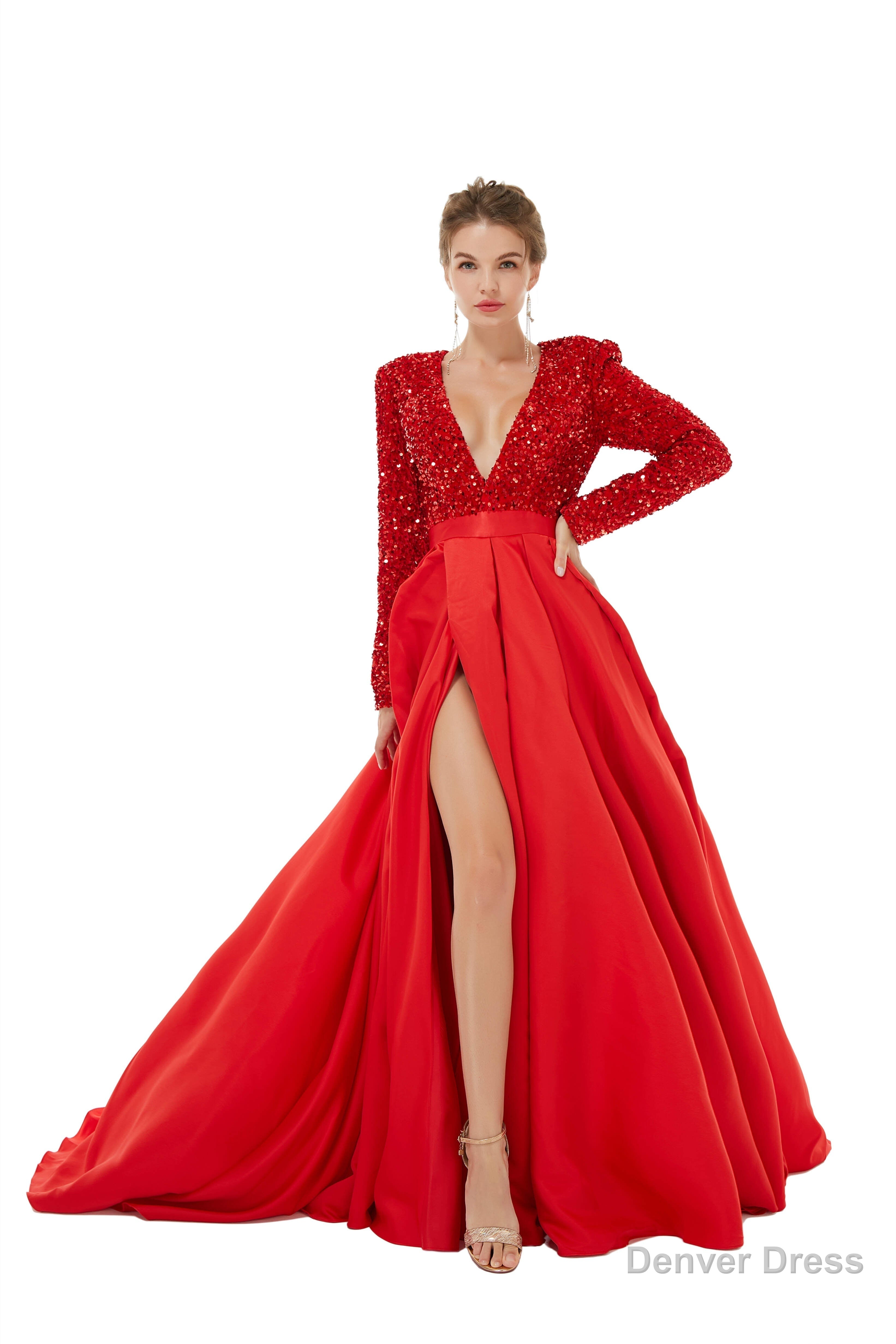 Sequined Satin A Line Front Slit V Neck Full Sleeve Sweep Train Long Prom Dresses