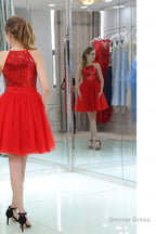 Red Sequined Tulle Strapless Homecoming Dresses
